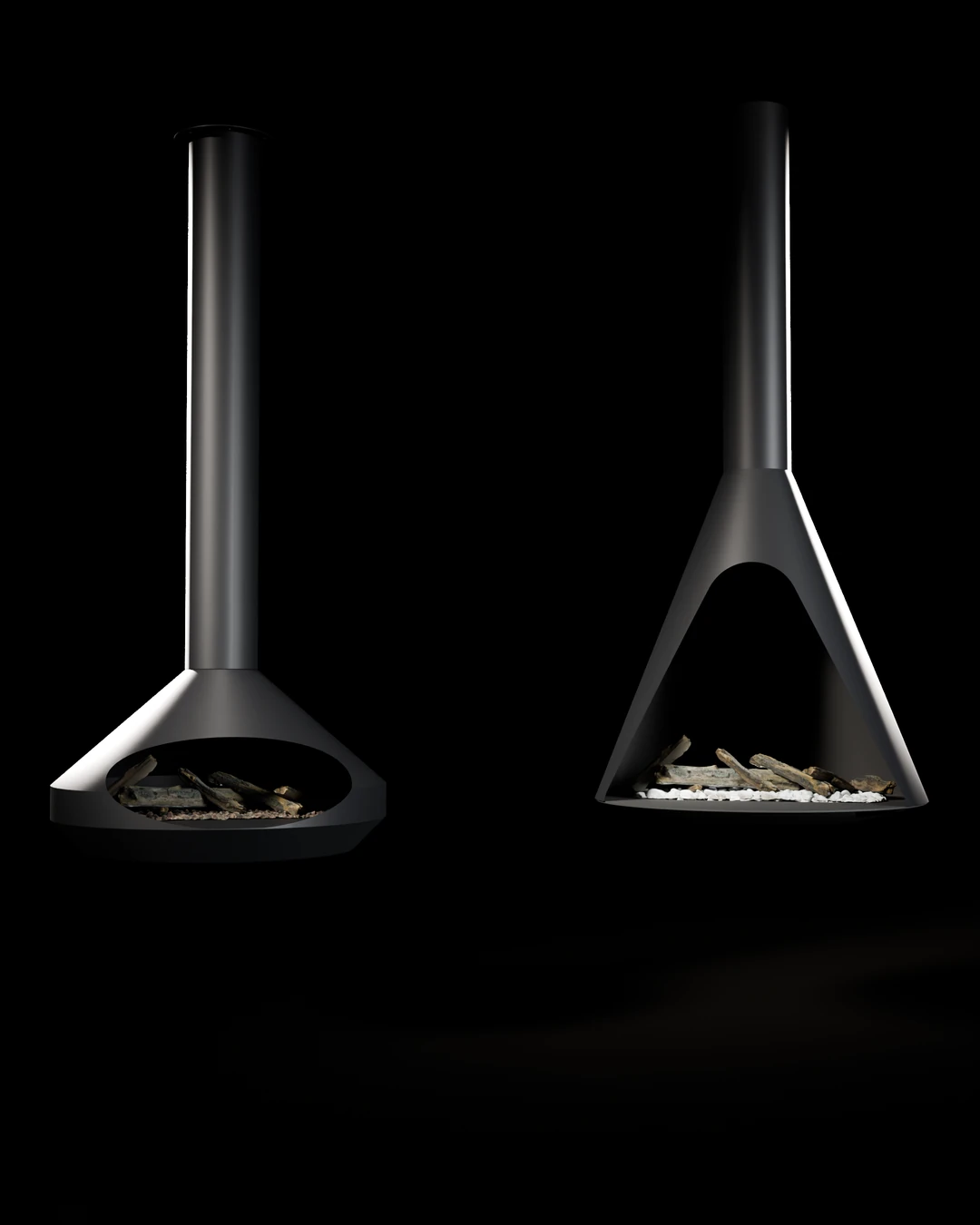 Render de estudio de las chimeneas colgantes Andorra y Zúrich, de acero negro, suspendidas del techo una junto a otra, con troncos cerámicos sobre roca volcánica y sobre piedras blancas