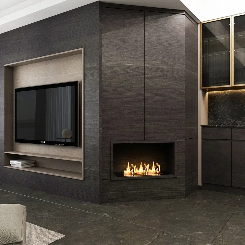 Bioetanol integrado en un mueble a medida con carpinteria oscura