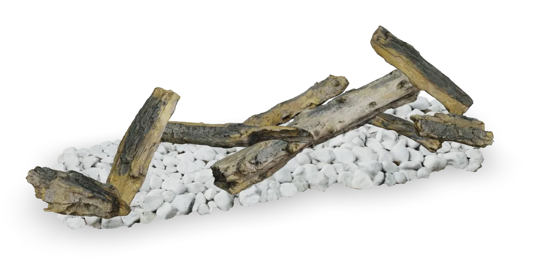 Escaneo 3D del lecho de piedras blancas y troncos de un quemador de gas