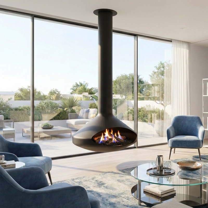 Chimenea colgante Andorra de acero negro en un salón con ventanales
