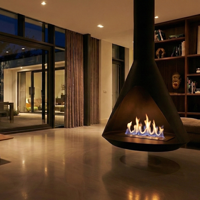 Chimenea colgante Zúrich de acero negro con forma cónica en un salón de noche